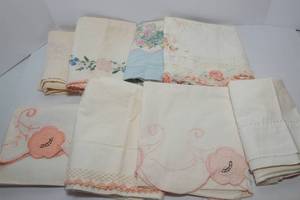 lot 198 image: Mismatched Vintage Cotton Pillowcases with Coral Embroidered Edging - High Quality Cotton