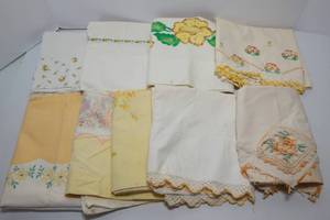 lot 202 image: Mismatched Vintage Cotton Pillowcases with Yellow Details - High Quality Cotton