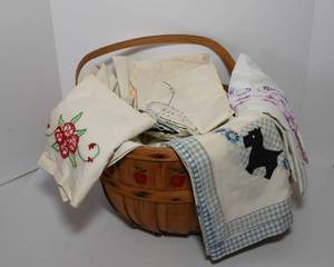 lot 213 image: Embroidered Linens and Apple Basket