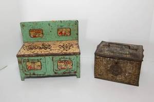 lot 194 image: Vintage Tins Little Orphan Annie Stove and R.A. Patterson Tobacco Tin