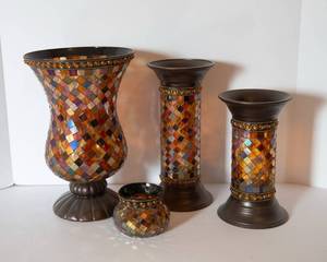 lot 227 image: Colorful Mosaic Tile Pillar Candle Holders, Candle Votive and Vase from Southern Living Home