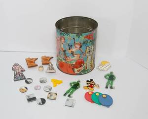 lot 282 image: Fun Refrigerator Magnets and Vintage Tin