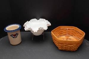 lot 324 image: Longaberger Basket Utensil Organizer, Hobnail Glass Dish and 2 Piece ColdHot Dip Pottery Dish.