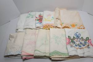 lot 358 image: Mismatched Vintage Cotton Pillowcases with Embroidered Edging - High Quality Cotton