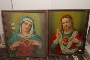 lot 388 image: Sacred Heart of Jesus Crowned with Thorns and the Immaculate Heart of Virgin Mary Pierced with Sword Framed Art