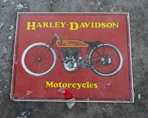 lot 455 image: Ande Rooney Porcelain Harley Davidson Motorcycle Sign 1989 NEW