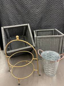 Assortment of Wicker Baskets, Metal Bucket, and Metal Stand