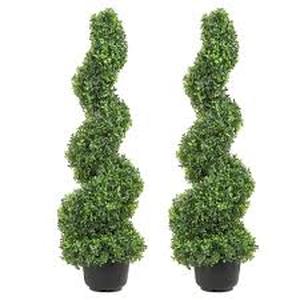 lot 6 image: VEVOR Artificial Topiaries Boxwood Trees 36 in. Green Artificial Boxwood Topiaries Within Containers, (2-Piece)    Customer Returns See Pictures
