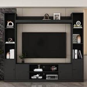 lot 44 image: FUFU&GAGA Black Wood Entertainment Centers TV Stand Fits TVs up to 57 in. with Open Shelves, Door Cabinets     Customer Returns See Pictures