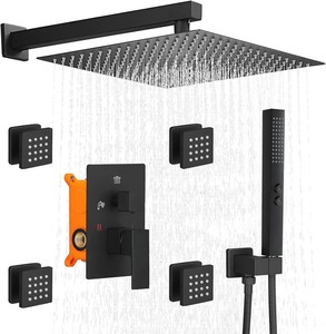 12 Matte Black Rainfall Shower Set, with 4 Body Jets and Handheld Sprayer