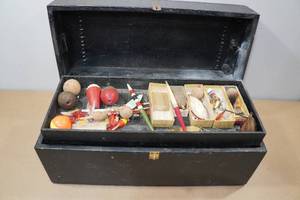 Wooden Tackle Box with Assorted Tackle, Lead Mold
