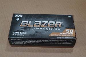 50 CCI Blazer Brass 9mm Luger 115 Gr FMJ Ammo