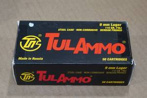 50 TulAmmo 9mm Luger 115 Gr FMJ Steel Case Ammo