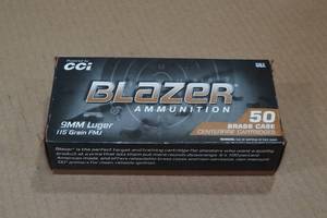 50 CCI Blazer Brass 9mm Luger 115 Gr FMJ Ammo