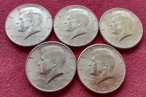 lot 39 image: (5) 90% Silver 1964 Kennedy Half Dollars