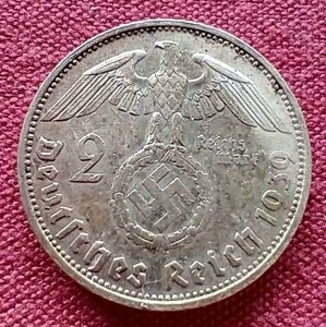lot 103 image: 1939 German Third Reich Silver 2 Marks Coin