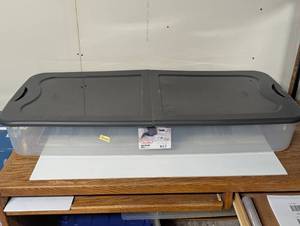 lot 34 image: Sterilite 74qt Ultra Clear Under Bed Latch Box Clear Base Flat Gray Lid and Latches Portable Storage, Stackable, Plastic