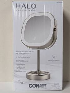 lot 16 image: Conair HALO Double Sided LED,Lighted Tabletop Mirror, Magnification Satin Nickel