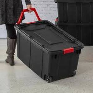 lot 58 image: Sterilite 40 Gallon Wheeled Plastic Storage Tote, Black