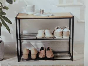 lot 23 image: 3 Tier Shoe Rack Black Metal with Natural Wood - Brightroom