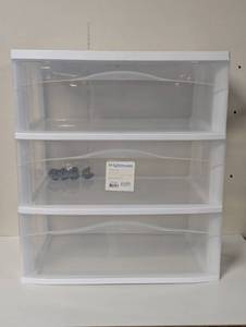 lot 86 image: 3 Drawer Wide Cart White - Brightroom Plastic Storage Drawers, Utility Cart with Casters