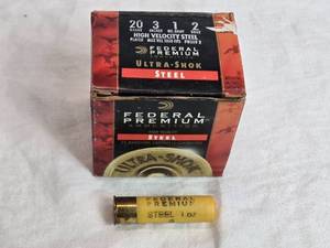 lot 5 image: Box of Federal Premium Ultra-Shok Steel 2 Shot 20 Gauge Shotgun Shells
