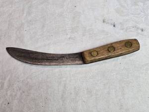 lot 25 image: Vintage Handmade Forged Steel Curved Knife with Wooden Handle