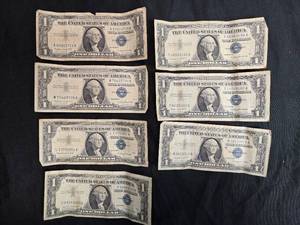 lot 54 image: Lot of 7 Vintage Series 1957 A US One Dollar Silver Certificates