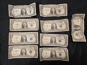 lot 58 image: Lot of 9 Series 1957 US Silver Certificates - $1 Bills