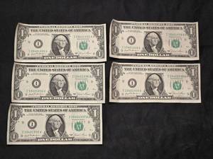lot 61 image: Lot of 5 Consecutive Serial Number 1 Dollar Bills Series 1981