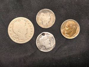 lot 67 image: 2 Barber Dimes (1899, 1904), 1962 Dime, 1908 Barber Quarter () - Silver Content