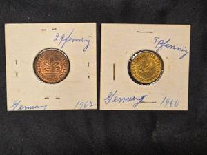 lot 73 image: Vintage German 5 Pfennig and 2 Pfennig Coins from 1950 and 1962