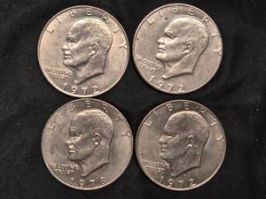 lot 89 image: Set of 4 Eisenhower Silver Dollars - 3 from 1972, 1 from 1978
