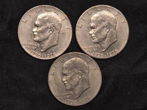 lot 93 image: Lot of 3 Eisenhower Bicentennial Silver Dollars 1776-1976