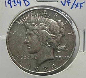 lot 12 image: 1934-D Silver Peace Dollar VFXF (semi key date)