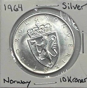 lot 15 image: 1964 Norway Silver 10 Kroner (very lightly circulated)