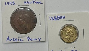 lot 48 image: AU 1988HH Australia $2 & 1943 Penny