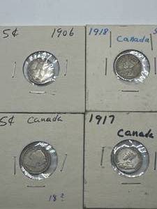 lot 51 image: Lot of 4 Silver Canadian Nickels (1906,1917,1918, no date)
