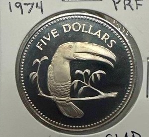 lot 61 image: 1974 Proof Belize 5 Dollar Toucan (rarer, flawless)