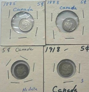 lot 71 image: Lot of 4 Silver Canadian Nickels (1885, 1888, 1918, no date)