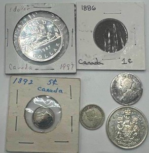 lot 75 image: Lot of 6 Silver & Clad Canadian Coins