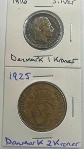 lot 77 image: Denmark 1916 Silver 1 Kroner & 1925 2 Kroner