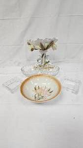 Cherub Holder, 2 Clear Glass Squares, 2 Clear Glass Rounds, and Decorative Bowl