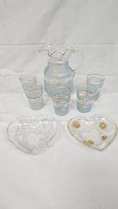 Hand Painted Pitcher and Glasses, 2 Heart Dishes