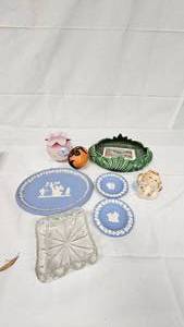 Satin Glass Rose Dish, Green Pottery, FIgurine, Post Cards