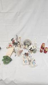 Assorted Christmas lot, bear, Santa, Nesting Santas, trees, Light up plate