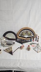 Vintage Fans, wooden dolls, Silver Tray. other items