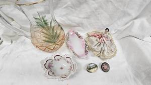 Staffordshire Snuff Box, Hand Painted Pitcher, Pin Cushion