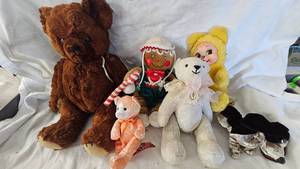 Early 1900s Jointed Teddy Bear, Rubber Face Yellow Happy Bear, and others