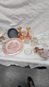 Glass Candlesticks, Childs Tea Set, and Various